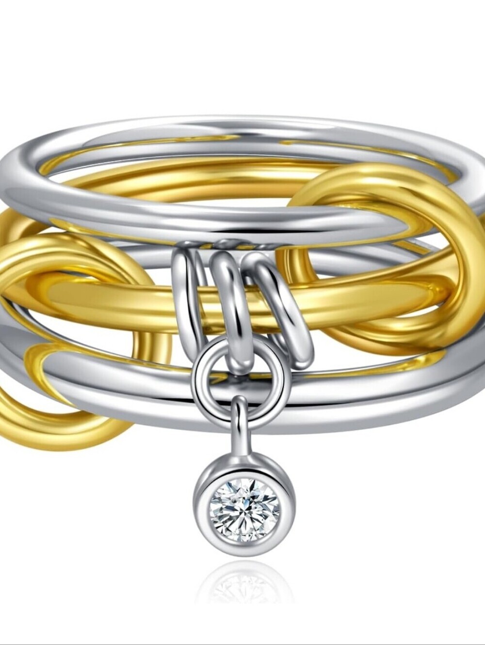 Two-Tone Gold & Silver Stackable Ring with Dangle CZ Charm